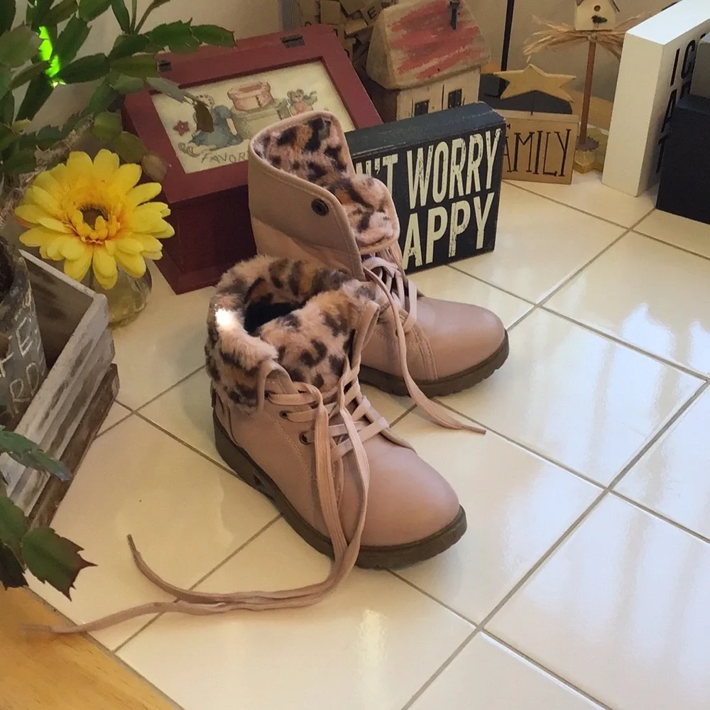 ‘Olivia Miller Girl’ Blush Animal Faux Fur Combat Boots